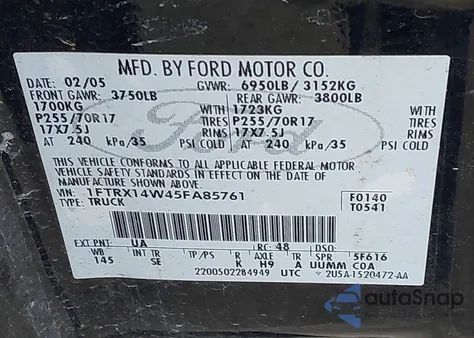 2005 Ford F-150 Stx/Xl/Xlt z USA, uszkodzony, nr VIN 1FTRX14W45FA85761